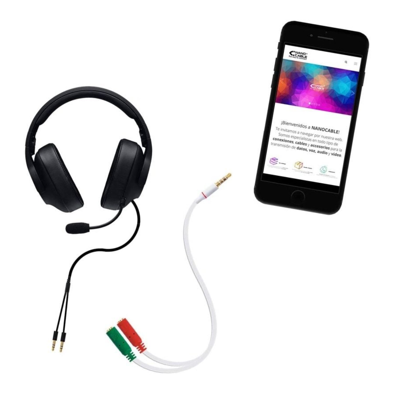 Nanocable · Cable Estéreo Jack 3.5 · Macho a 2x Hembra · 20cm · Blanco