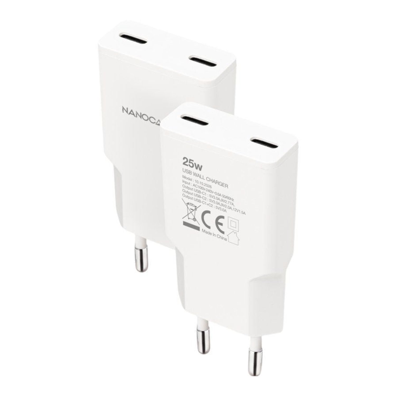 Nanocable Cargador Pared · 2x USB Tipo-C · 25W · Blanco