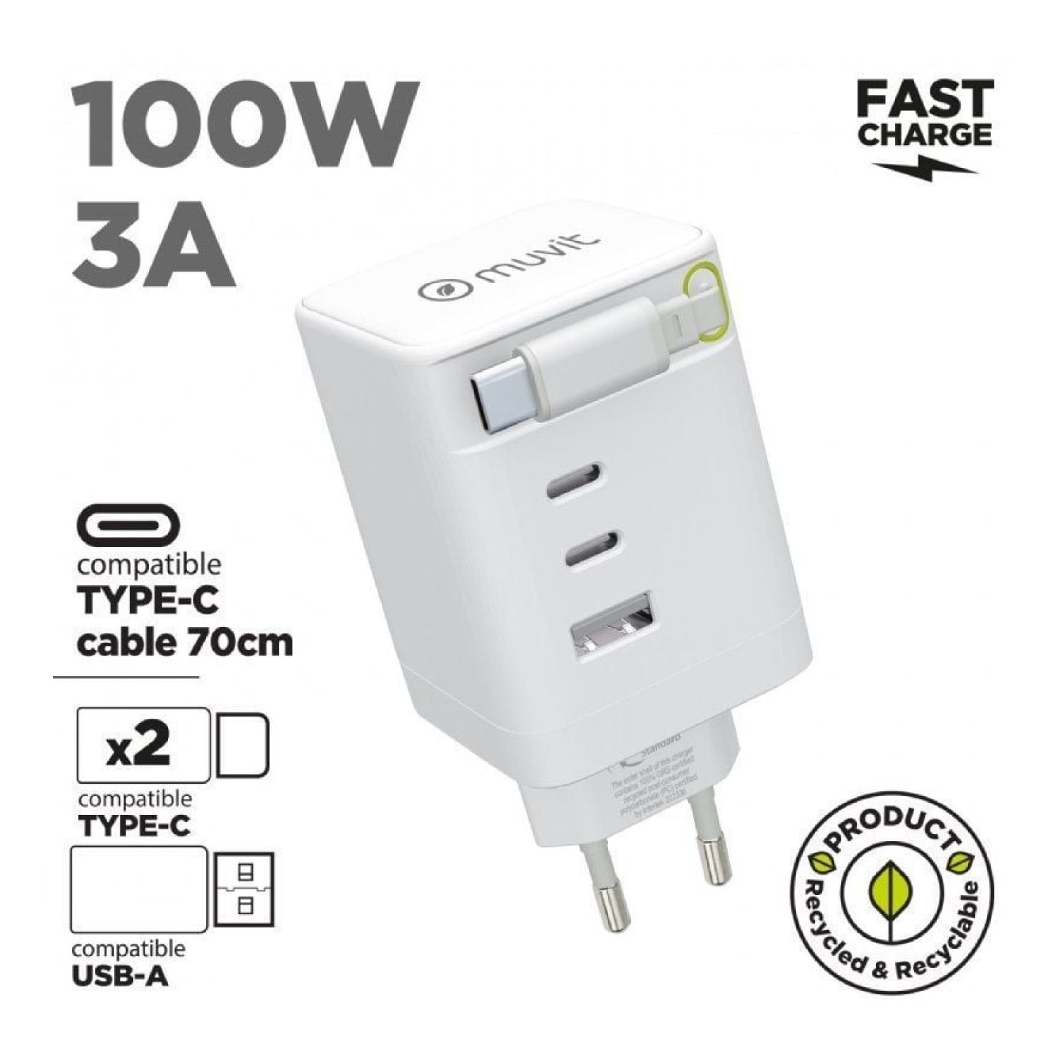 Muvit For Change · Cargador de Pared 100W · 1 USB + 2 USB-C