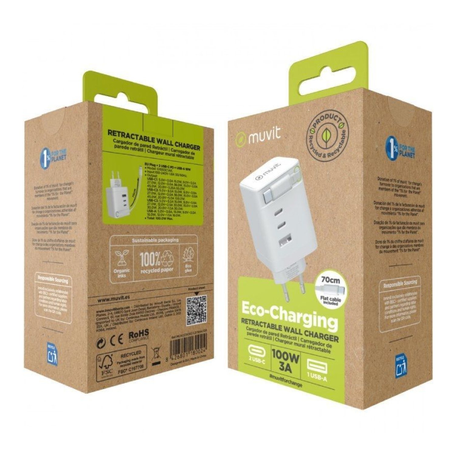Muvit For Change · Cargador de Pared 100W · 1 USB + 2 USB-C