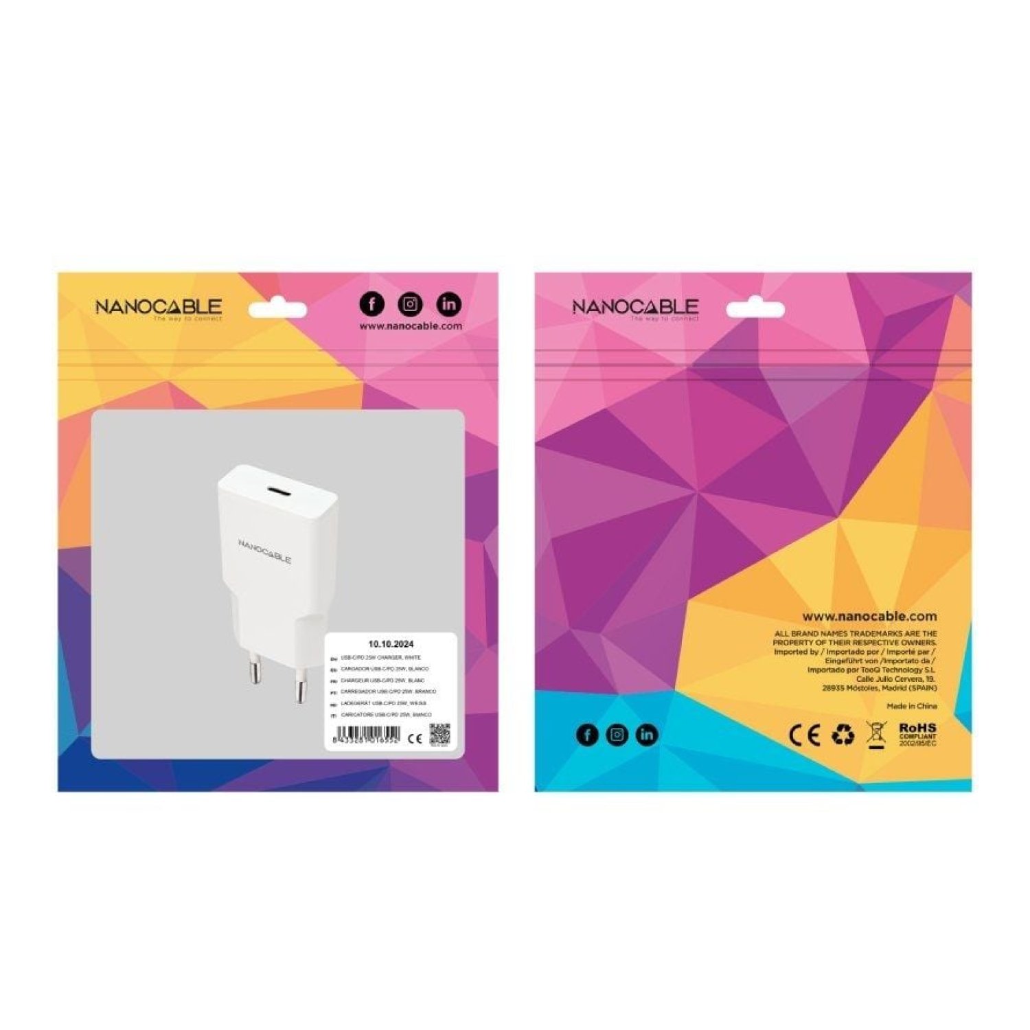 Nanocable Cargador Pared · USB-C · 25W · Blanco