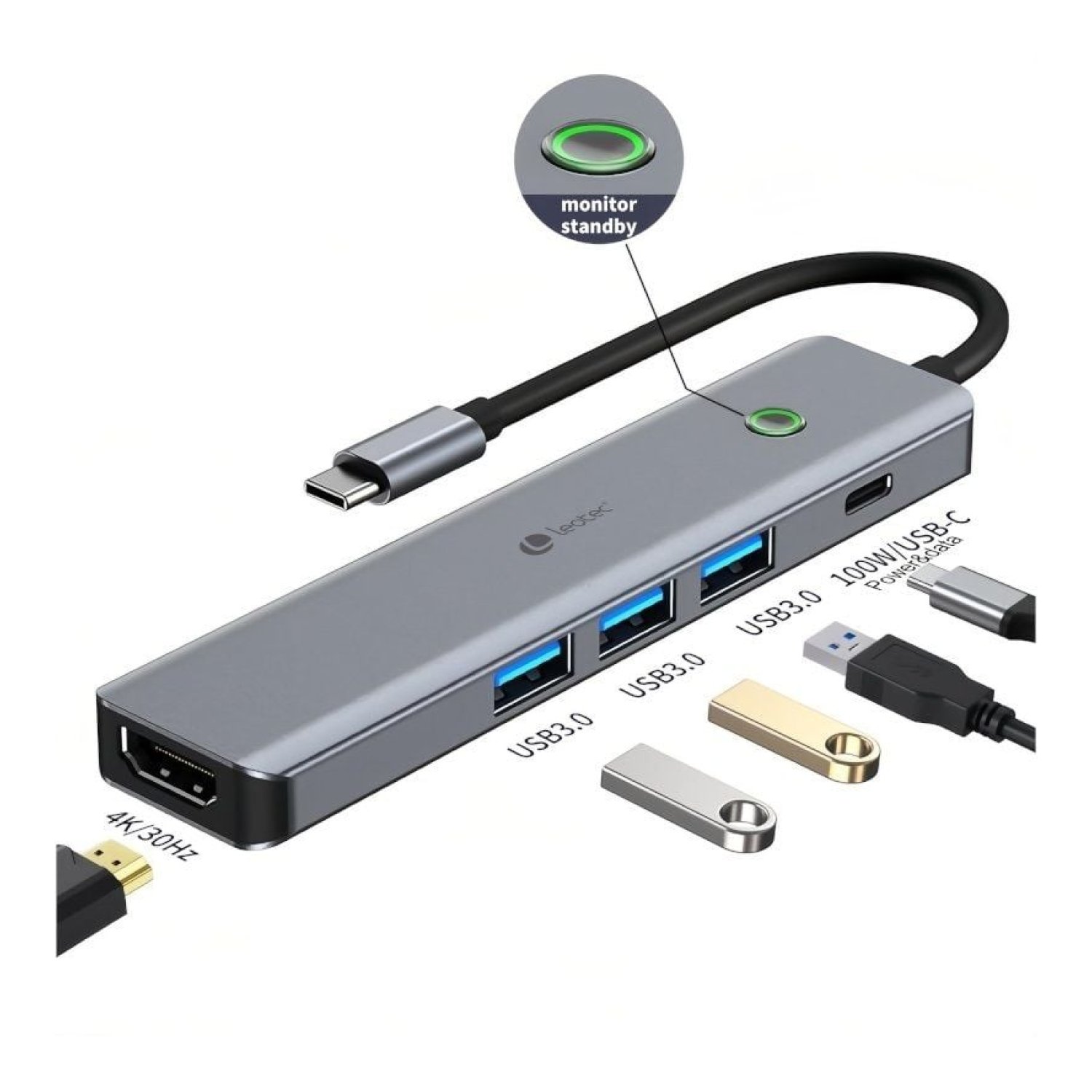 Leotec Docking USB Tipo-C · 3 USB + 1 USB-C PD · HDMI 4K · Gris