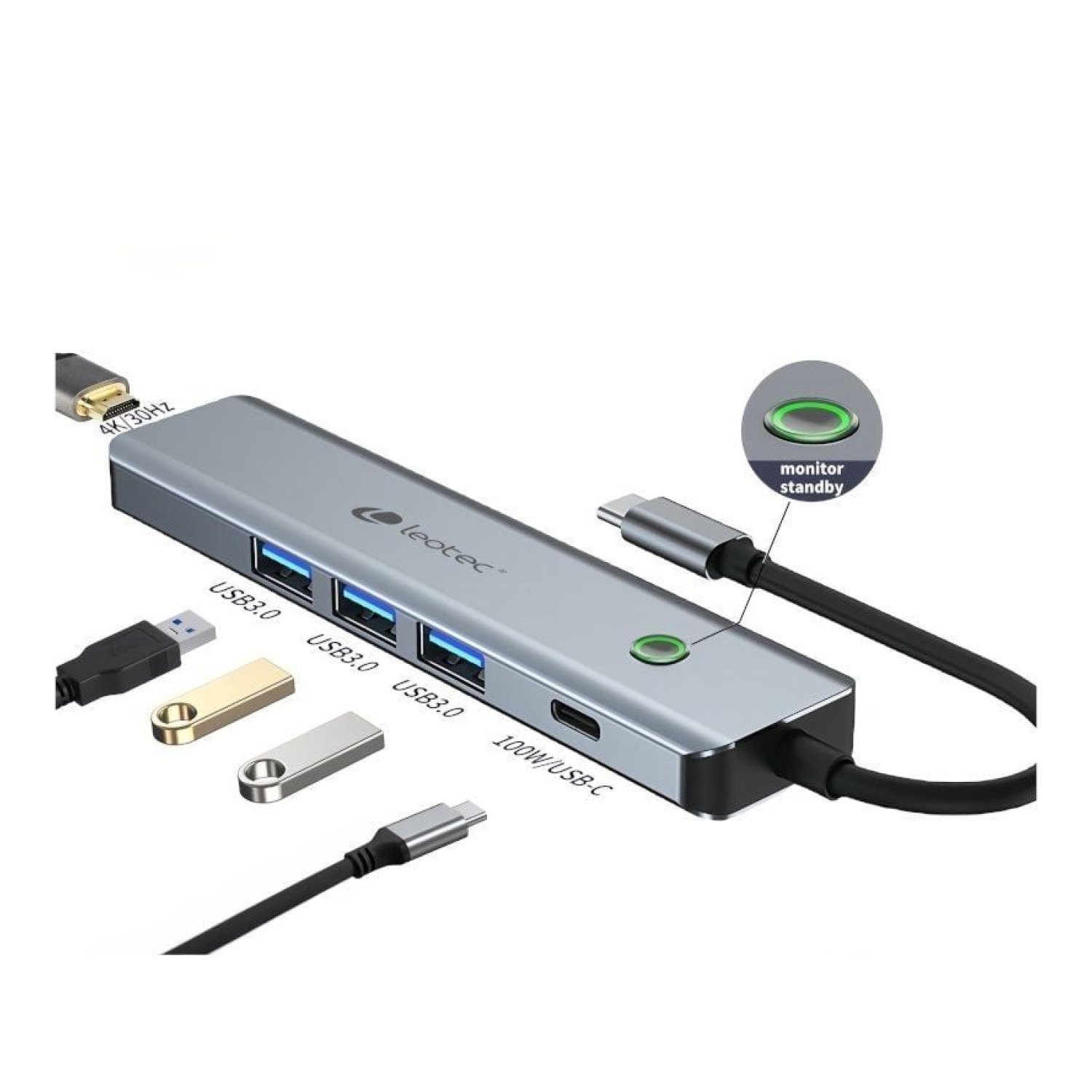 Leotec Docking USB Tipo-C · 3 USB + 1 USB-C PD · HDMI 4K · Gris