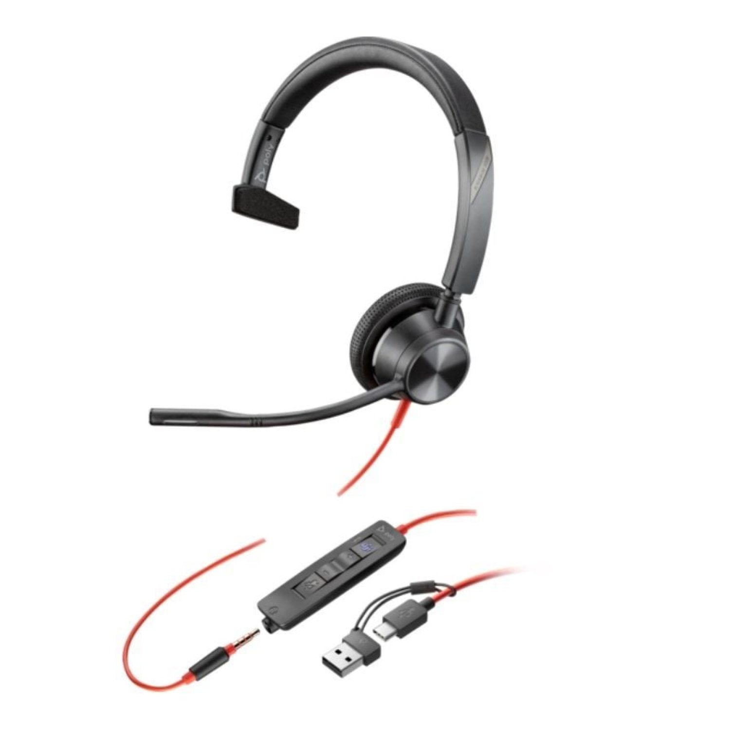 Poly Blackwire 3315 · Auricular para Teams · Micrófono · USB-C/A · Jack 3.5 · Negro