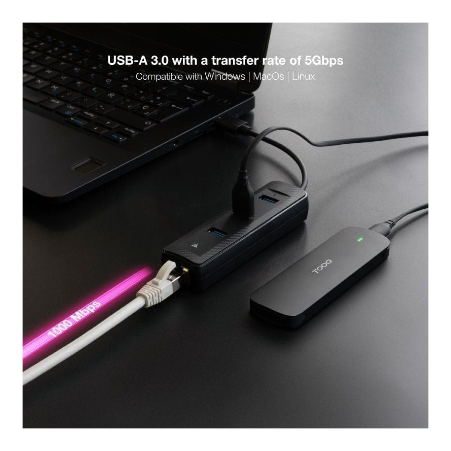 Nanocable Hub USB 3.0 · 3 Puertos USB · 1 RJ45 · Negro
