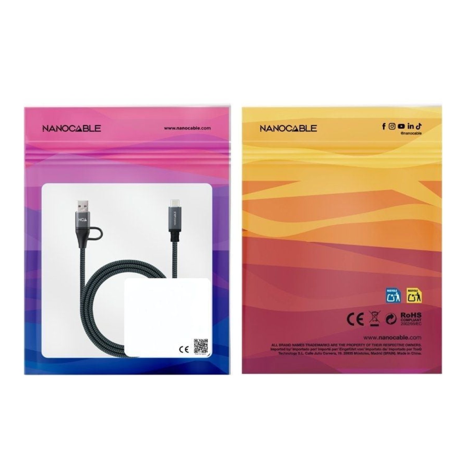 Nanocable · Cable USB 3.2 Tipo-C · 100W · 20Gbps · 1,5m · Gris y Negro