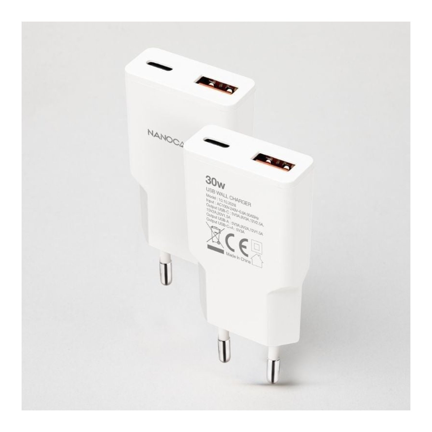 Nanocable · Cargador de Pared 30W · 1 USB-C + 1 USB-A · Blanco