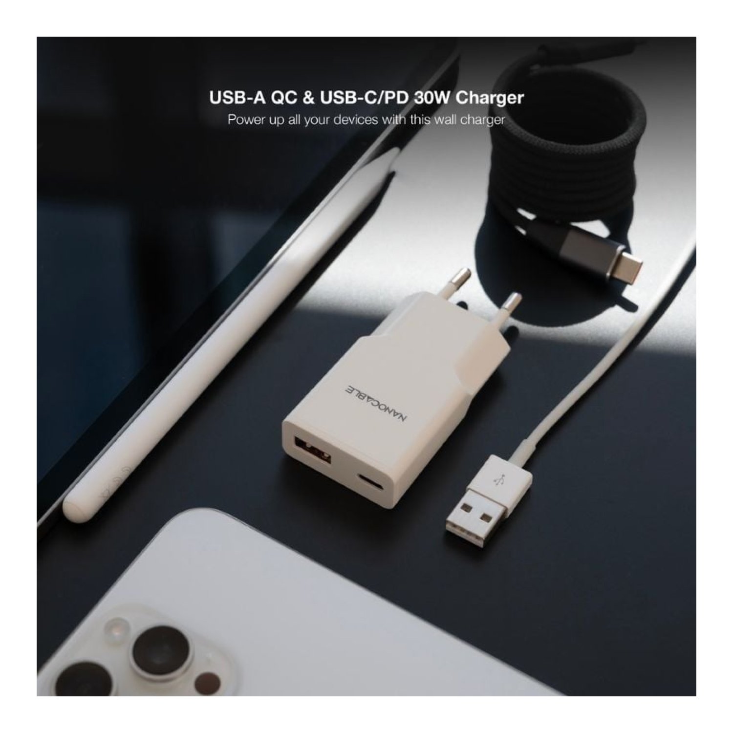 Nanocable · Cargador de Pared 30W · 1 USB-C + 1 USB-A · Blanco