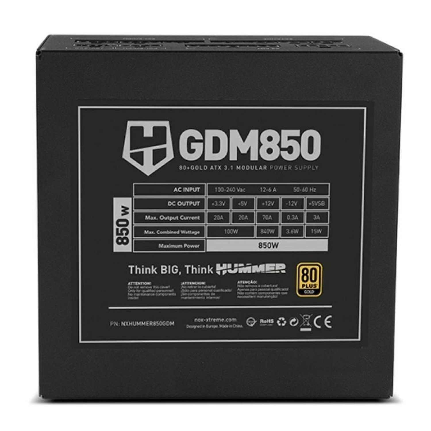 Nox Hummer GDM · 850W · ATX 3.1 · PCIe 5.0 · 80 Plus Gold · Ventilador 12cm