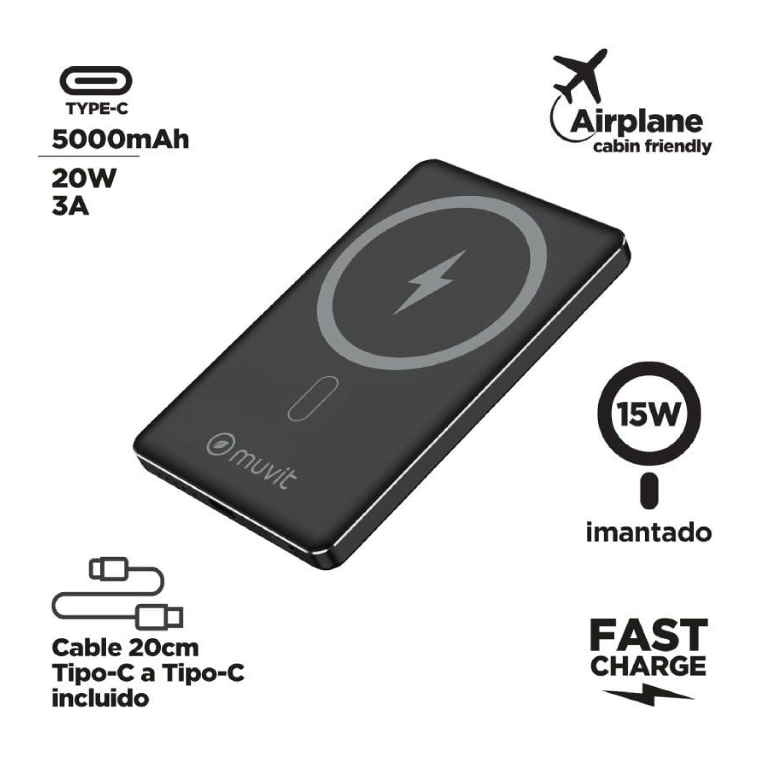 Muvit For Change Powerbank 5000mAh · 20W · Wireless · USB Tipo-C · Negro
