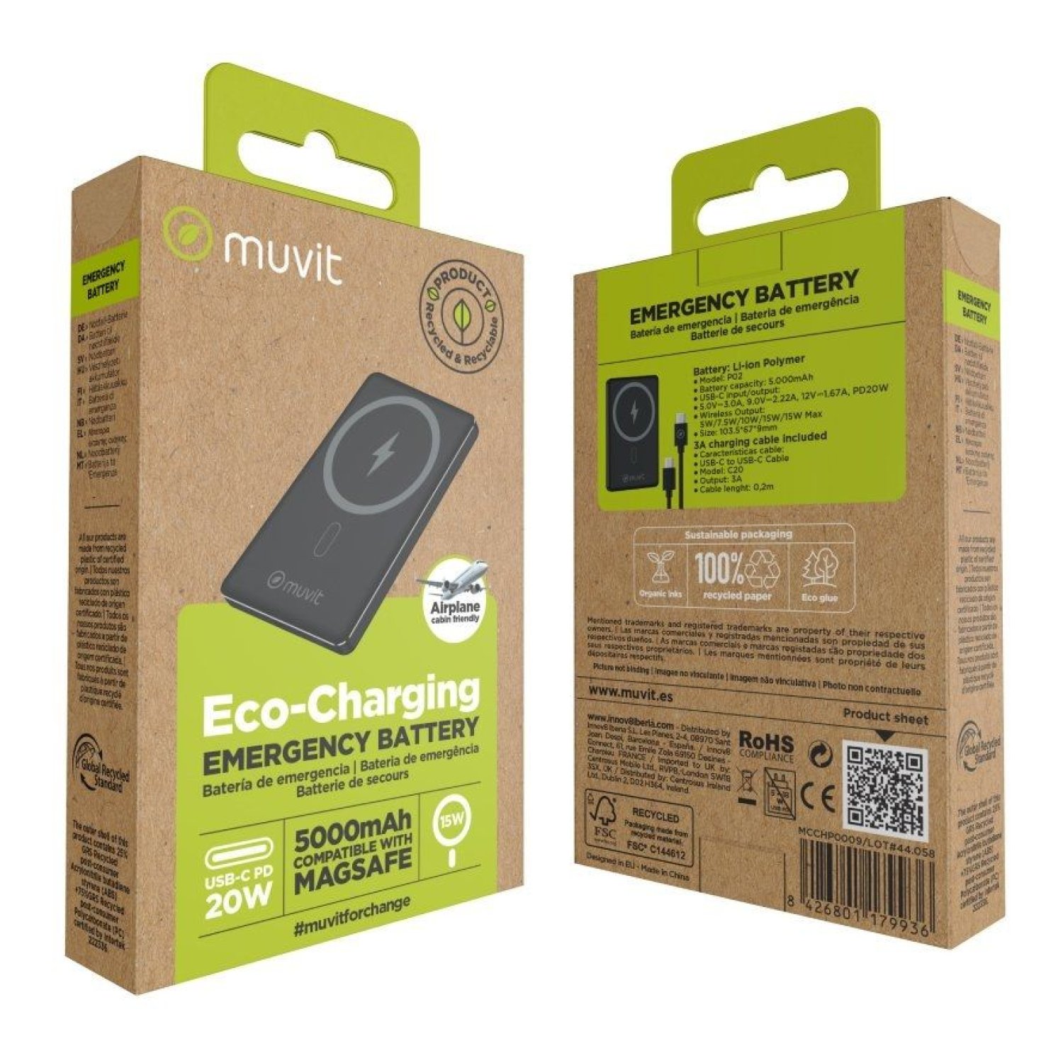 Muvit For Change Powerbank 5000mAh · 20W · Wireless · USB Tipo-C · Negro