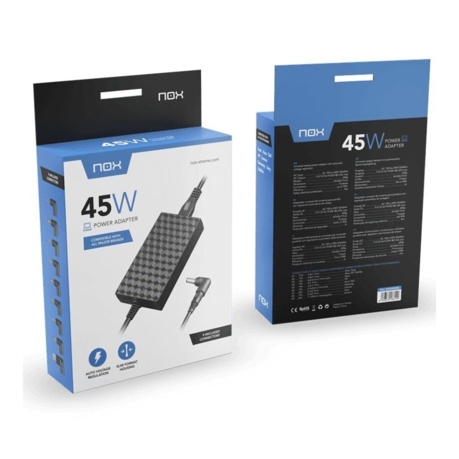 NOX Cargador Portátil · 45W · 9 Conectores · Voltaje 9-20V · Automático