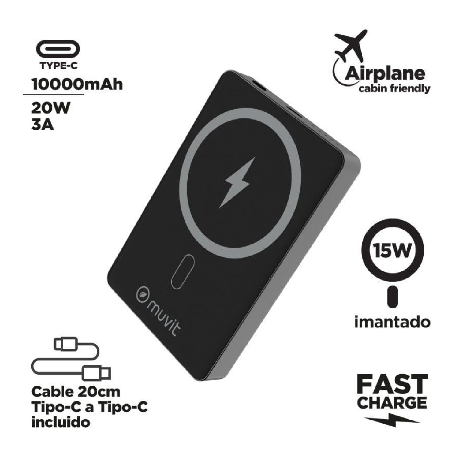 Muvit For Change Powerbank 10000mAh · 20W · Carga Inalámbrica · Negro · USB Tipo-C