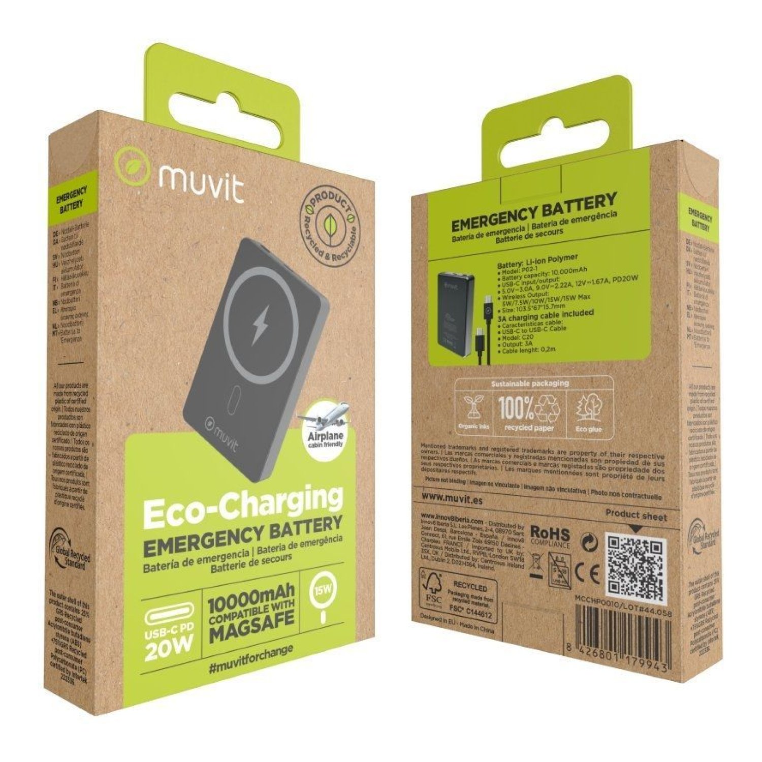 Muvit For Change Powerbank 10000mAh · 20W · Carga Inalámbrica · Negro · USB Tipo-C