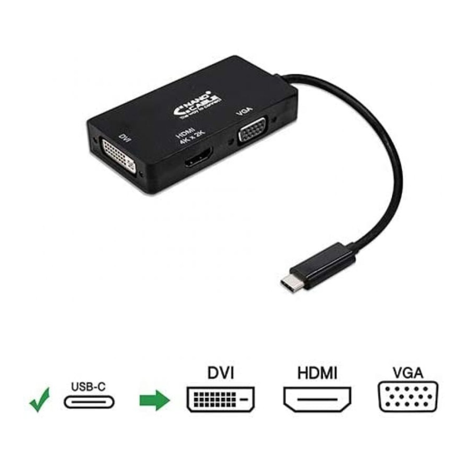 Nanocable · USB Tipo-C a VGA/DVI/HDMI · Conversor Multisalida · 10cm · Negro