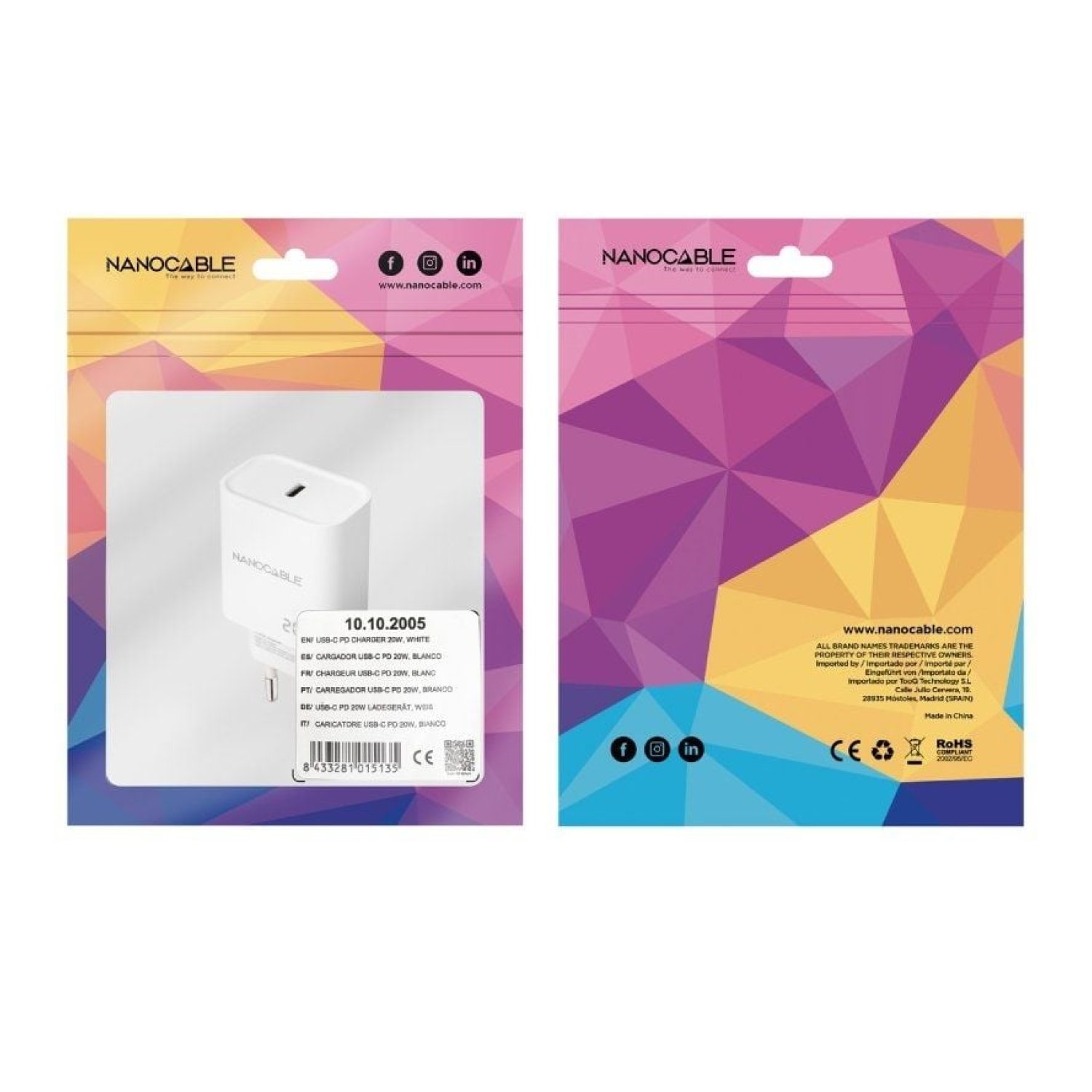 Nanocable Cargador de Pared · USB Tipo-C · 20W · Blanco