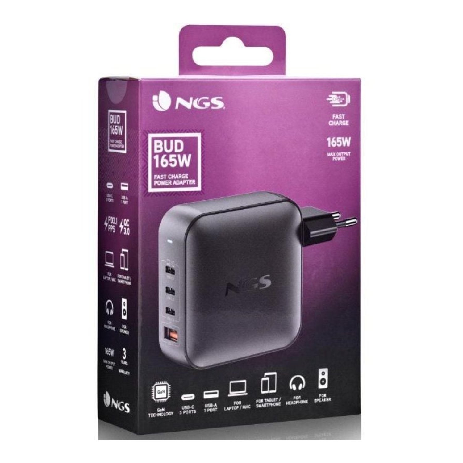 NGS BUD · Cargador GaN 165W · Automático · 5-21V