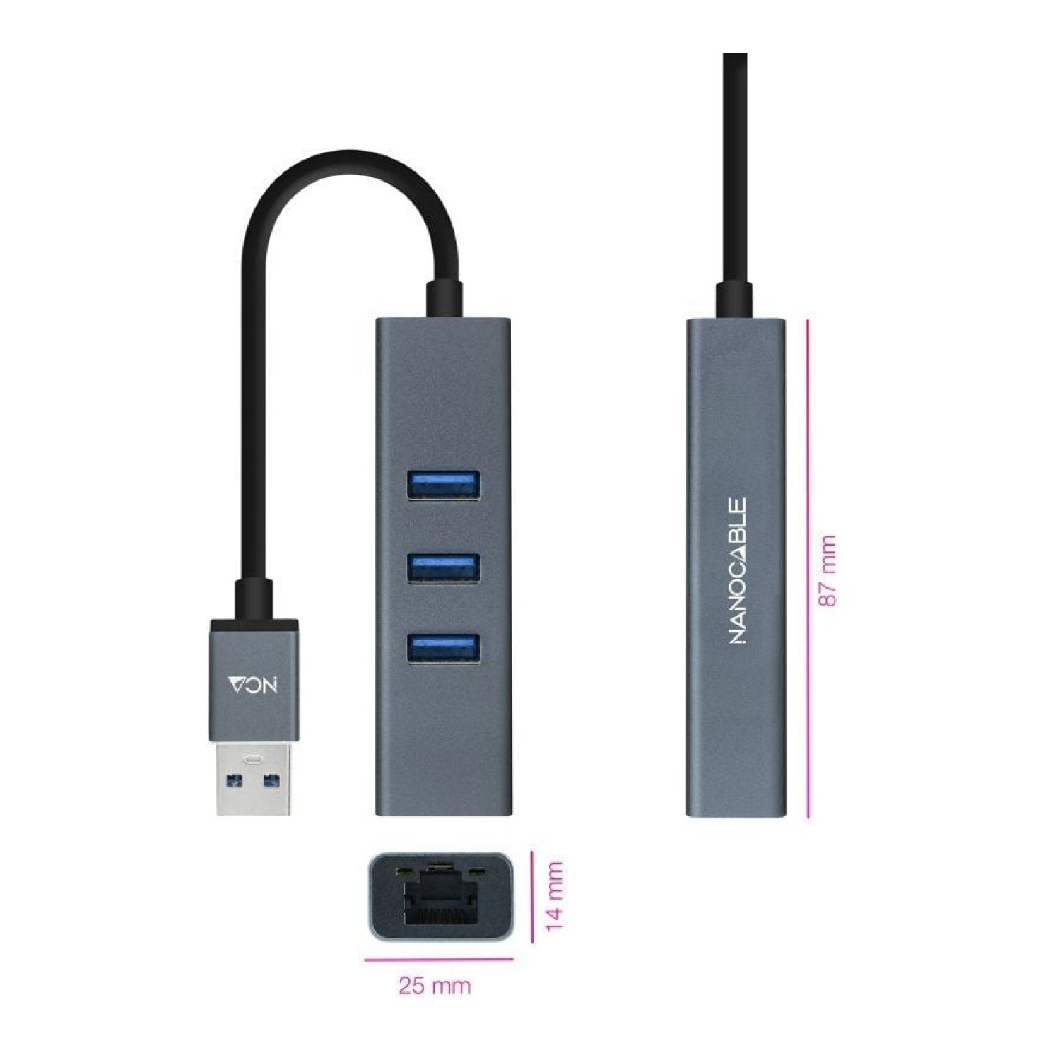 Nanocable Hub USB 3.0 · 3 Puertos USB · 1 RJ45 Ethernet · Gris