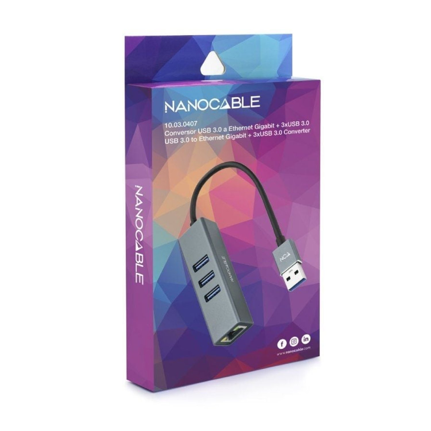 Nanocable Hub USB 3.0 · 3 Puertos USB · 1 RJ45 Ethernet · Gris