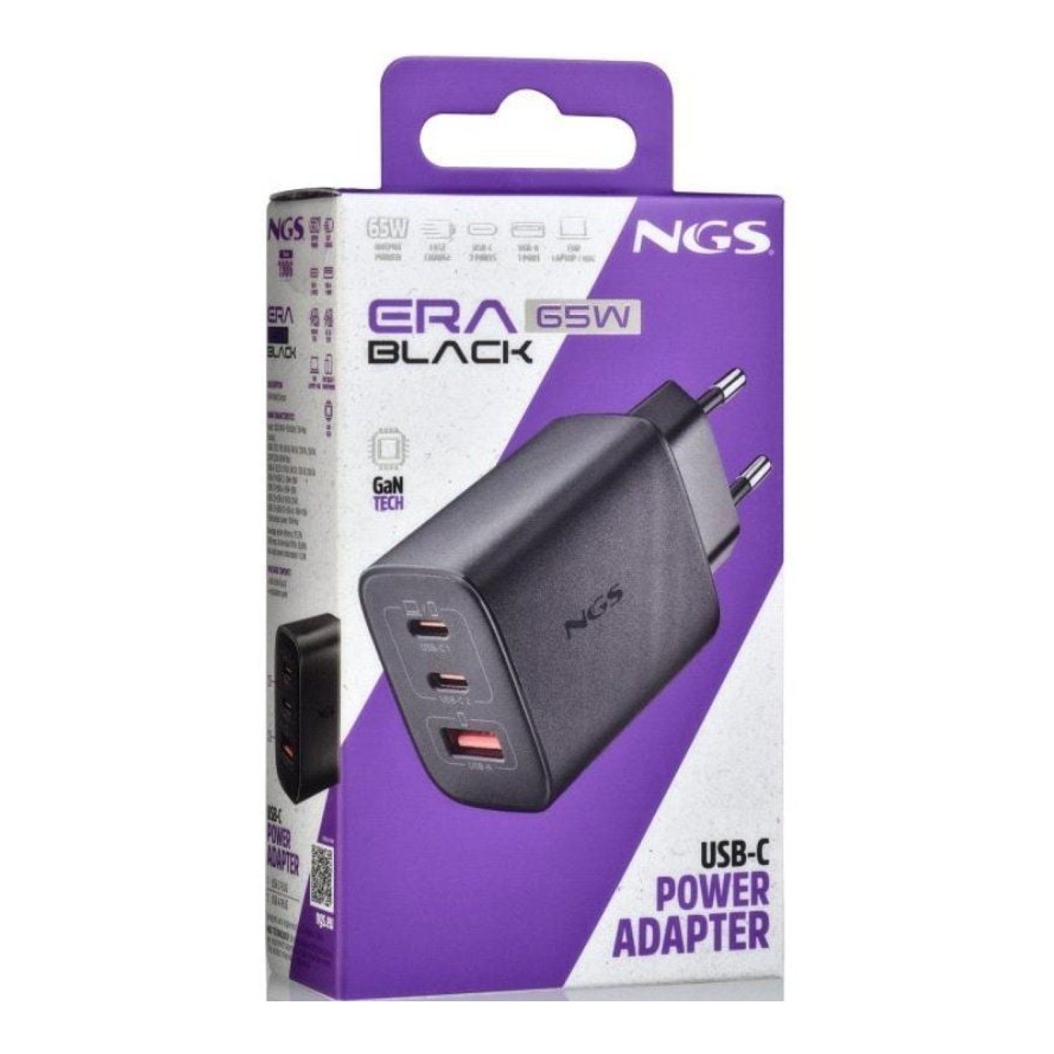 NGS Era · Cargador GaN 65W · 2xUSB-C · 1xUSB · Pared
