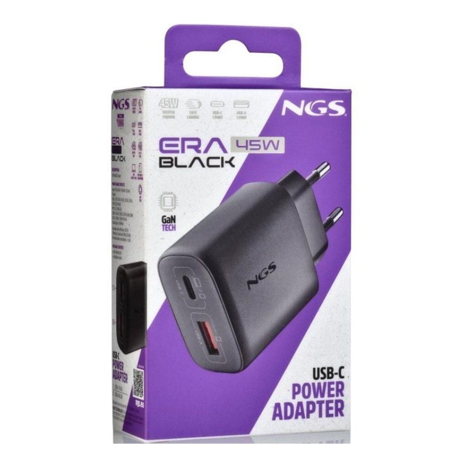 NGS Era · Cargador GaN 45W · USB-C + USB · Carga Rápida