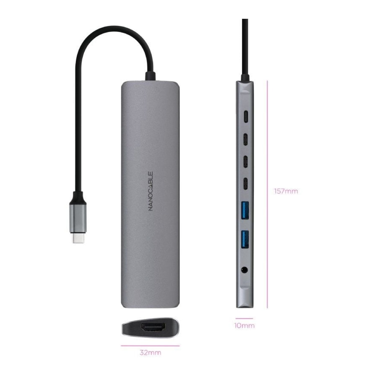 Nanocable Docking USB-C · 2xUSB + 3xUSB-C · HDMI 4K · Jack 3.5 · PD · Gris