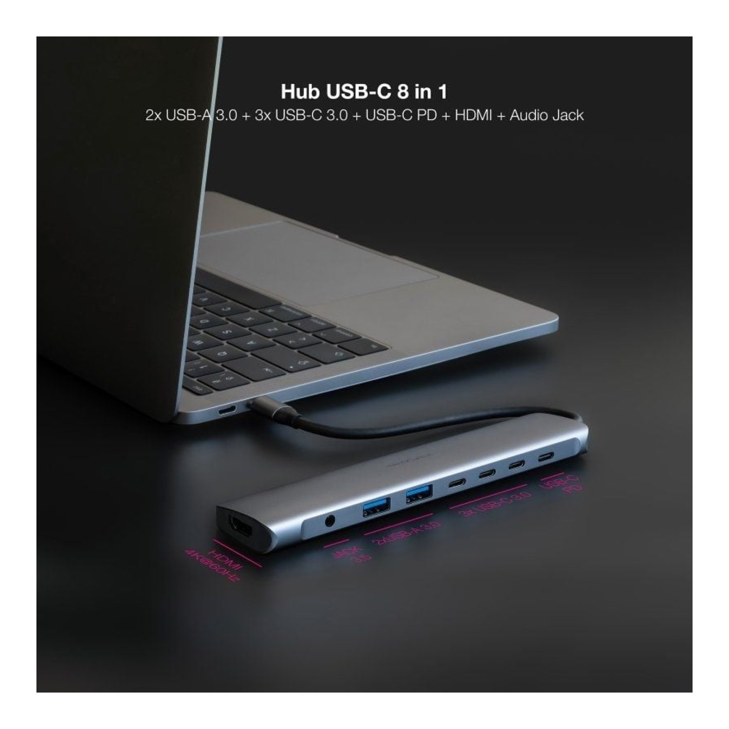 Nanocable Docking USB-C · 2xUSB + 3xUSB-C · HDMI 4K · Jack 3.5 · PD · Gris