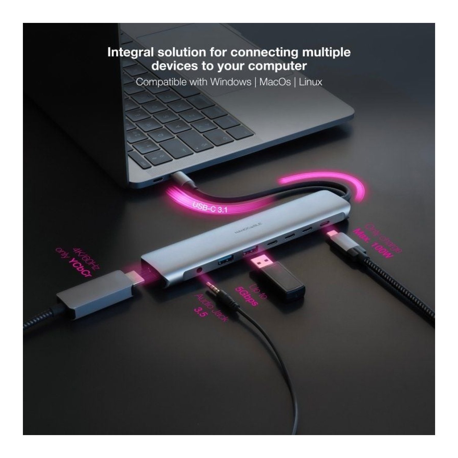 Nanocable Docking USB-C · 2xUSB + 3xUSB-C · HDMI 4K · Jack 3.5 · PD · Gris