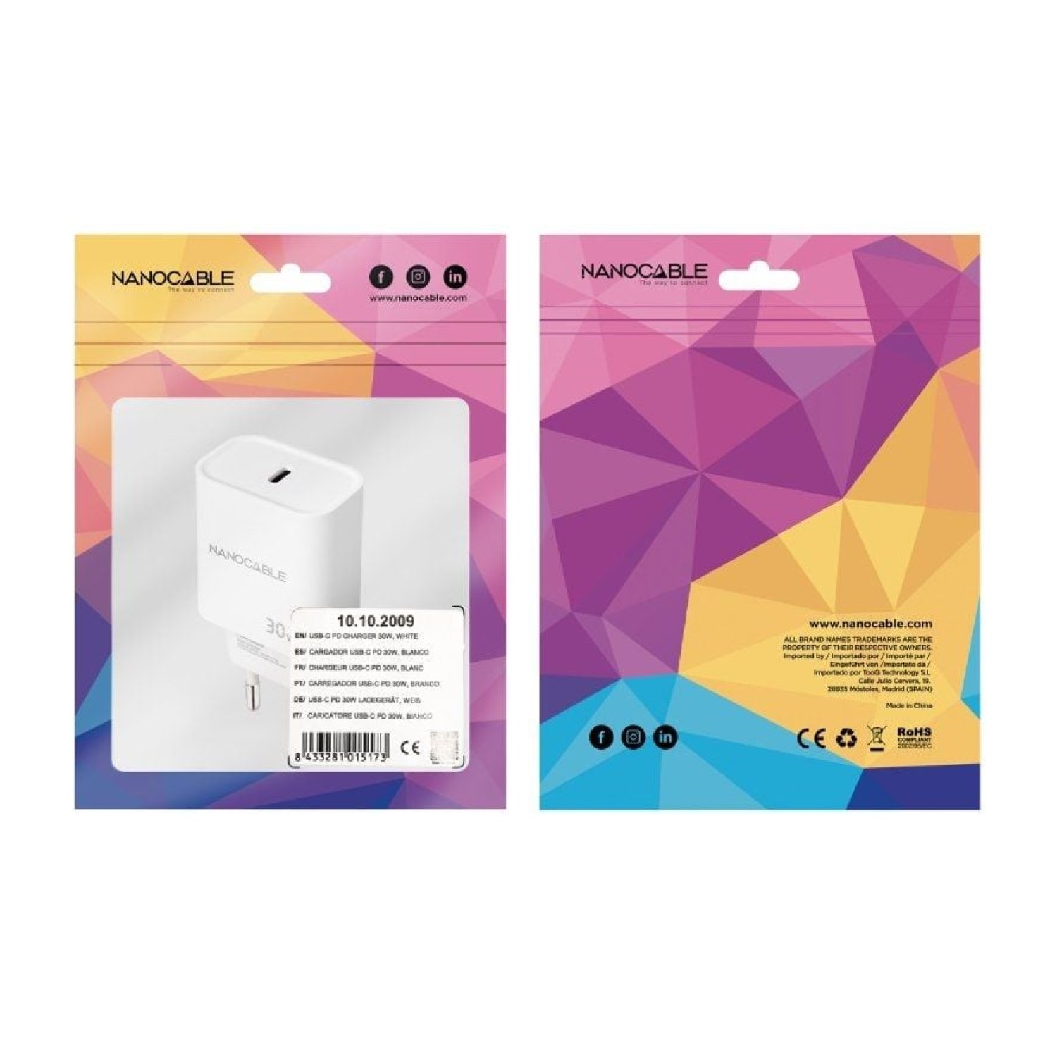 Nanocable Cargador de Pared · 1x USB Tipo-C · 30W · Blanco