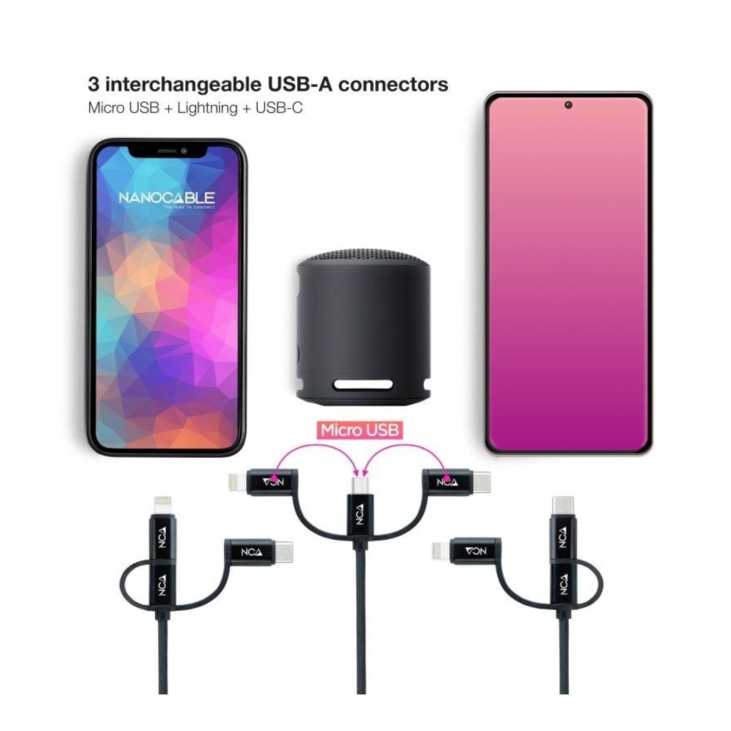 Nanocable Cable USB 2.0 · Lightning/Micro USB/USB-C · 480Mbps · 1m · Negro