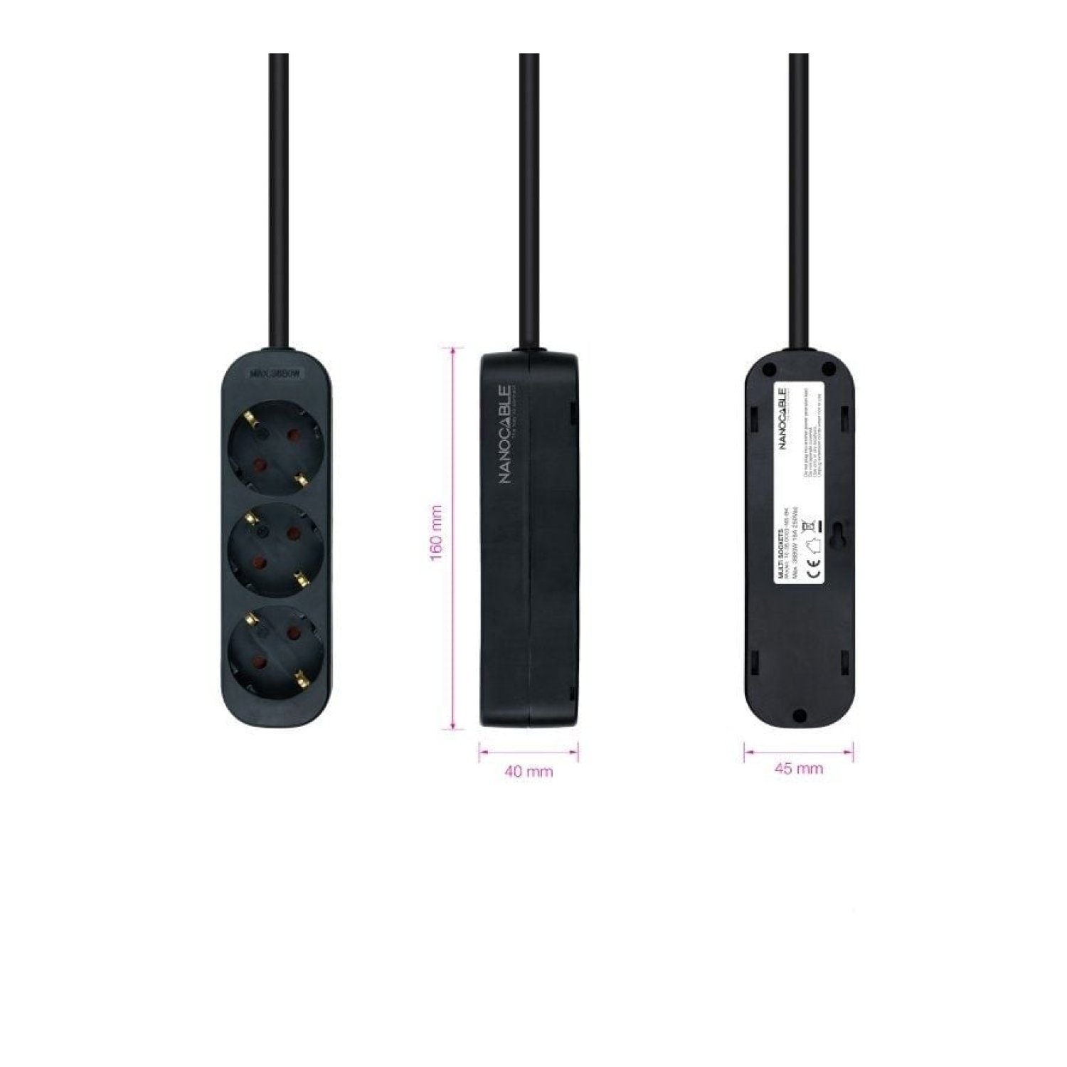 Nanocable Regleta · 3 Tomas · Cable 1,4m · Negra