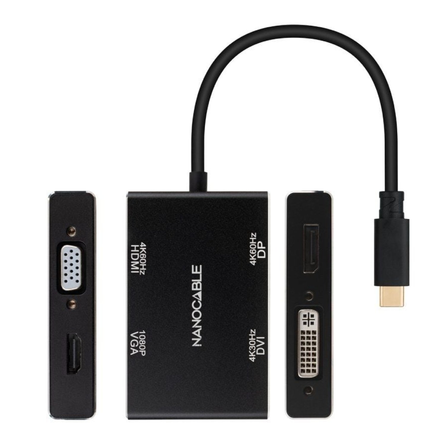 Nanocable · Conversor USB-C Macho · VGA/DVI/HDMI/DisplayPort · 10cm · Negro