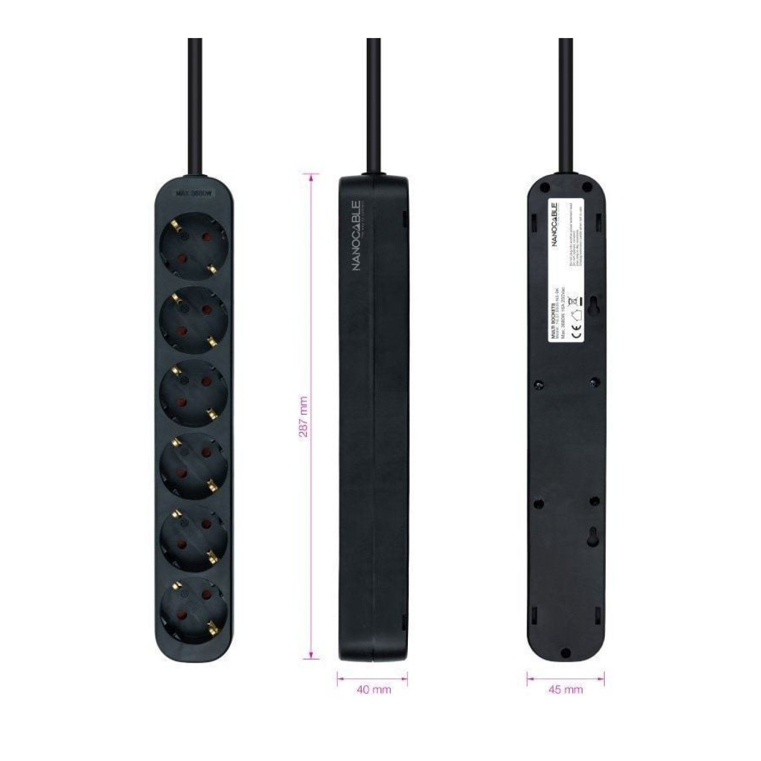 Nanocable Regleta · 6 Tomas · Cable 1,4m · Negra