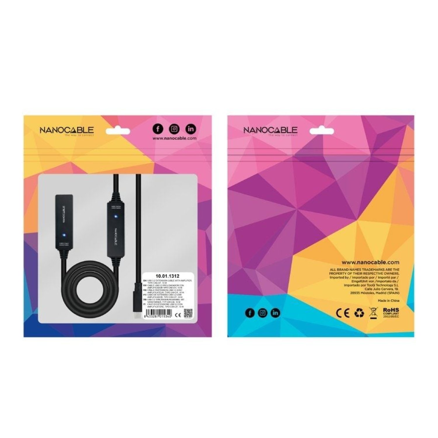 Nanocable · Cable Alargador USB-C 3.2 · 10m · Amplificador Activo · Negro