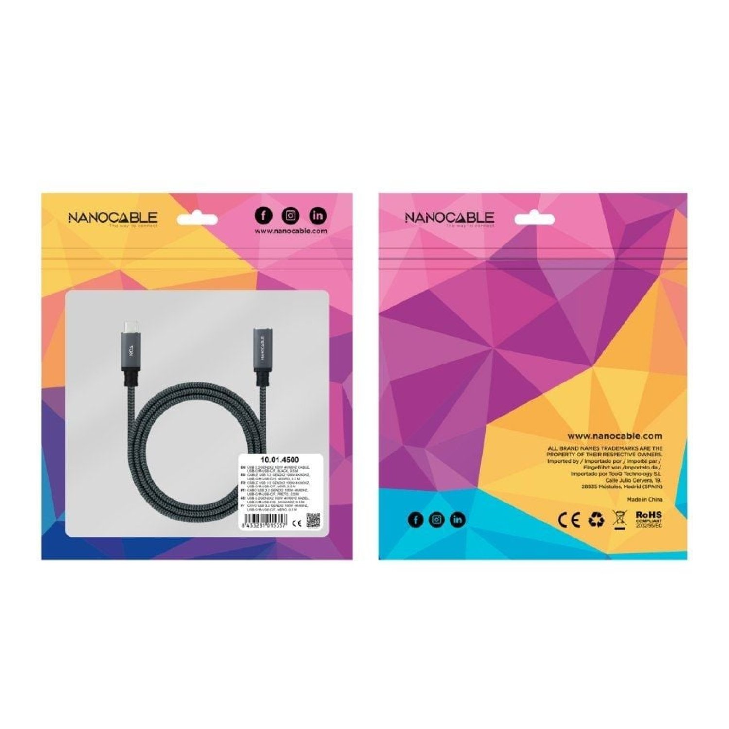 Nanocable · Cable Alargador USB-C 3.2 · 1m · USB-C Macho a Hembra · Negro