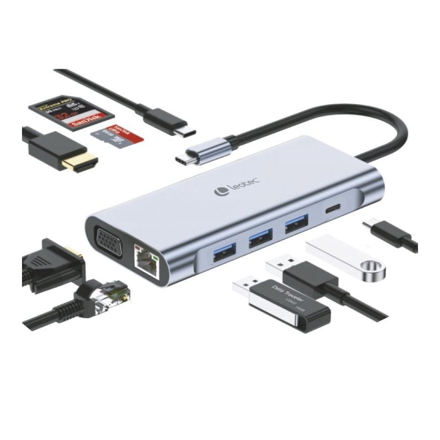 Leotec LEDS01 · Docking USB-C · 3xUSB + 2xUSB-C PD · HDMI 4K · Gris