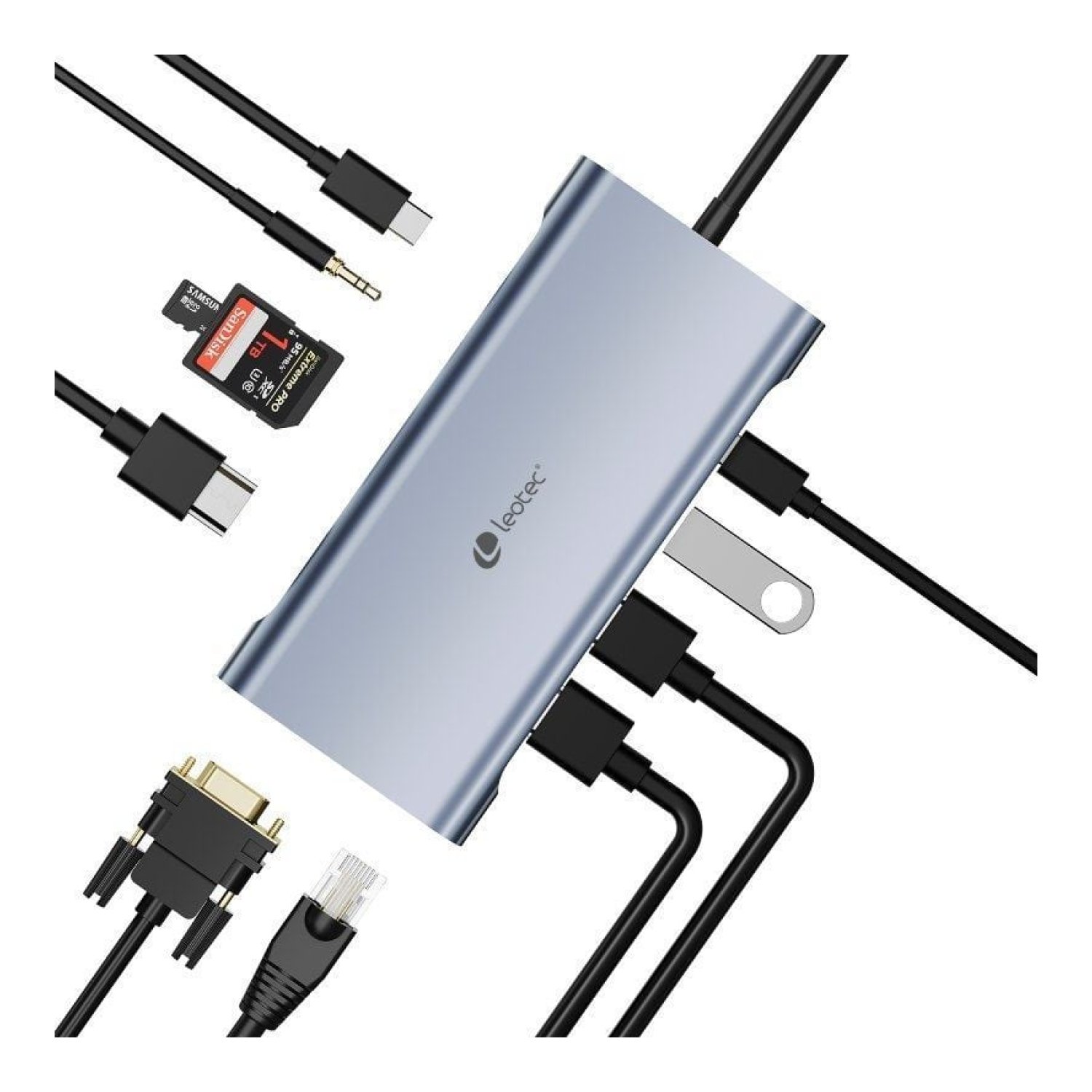 Leotec LEDS01 · Docking USB-C · 3xUSB + 2xUSB-C PD · HDMI 4K · Gris