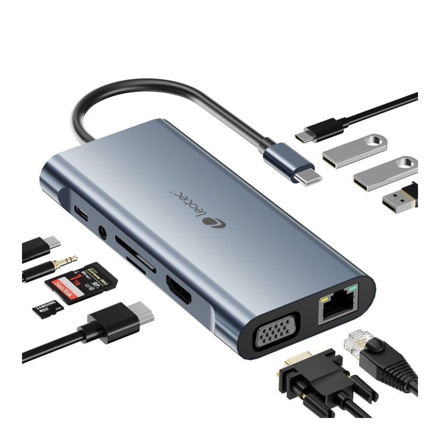 Leotec LEDS01 · Docking USB-C · 3xUSB + 2xUSB-C PD · HDMI 4K · Gris