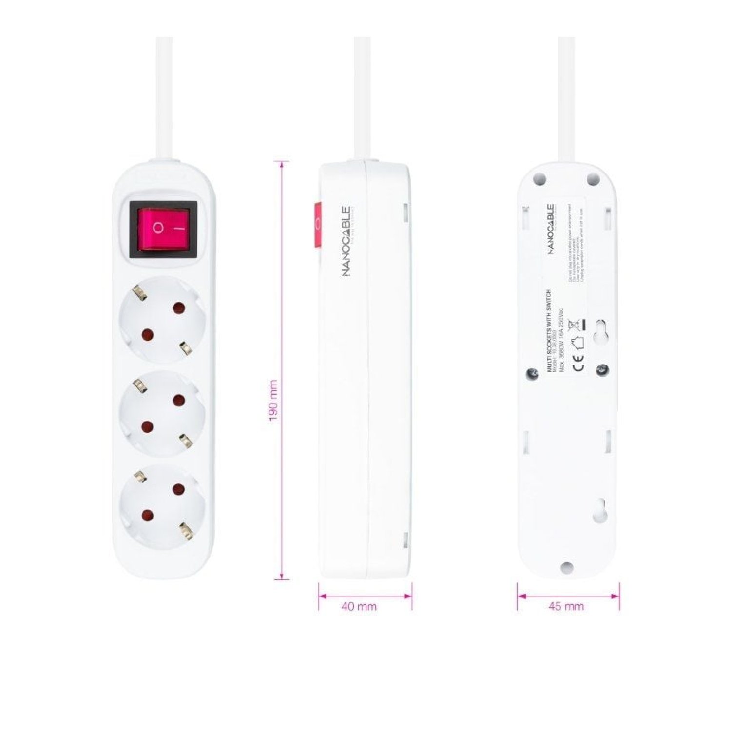 Nanocable · Regleta 3 Tomas · Interruptor · Cable 1,4m · Blanca