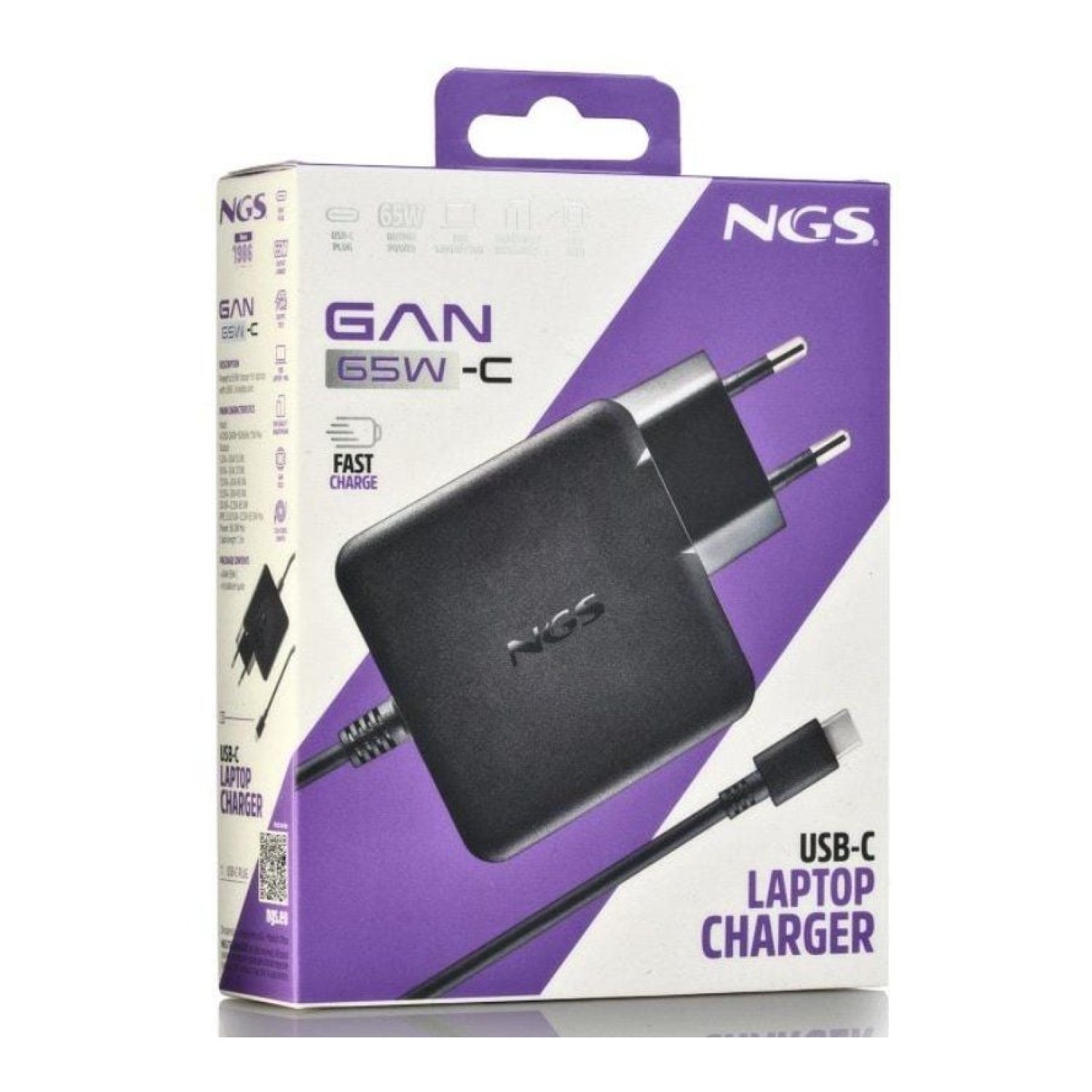 NGS GAN Cargador · 65W USB-C · Carga Rápida · 5-20V Automático