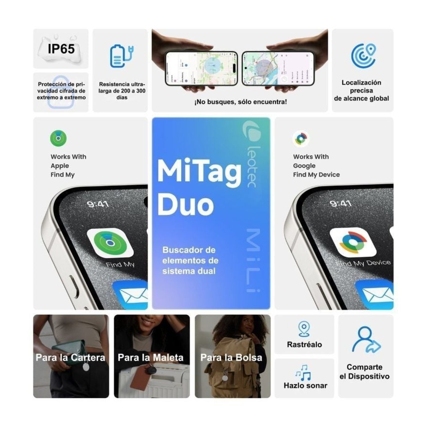 Leotec EasyTag Dual · Localizador GPS · Negro · Incluye Llavero Marrón