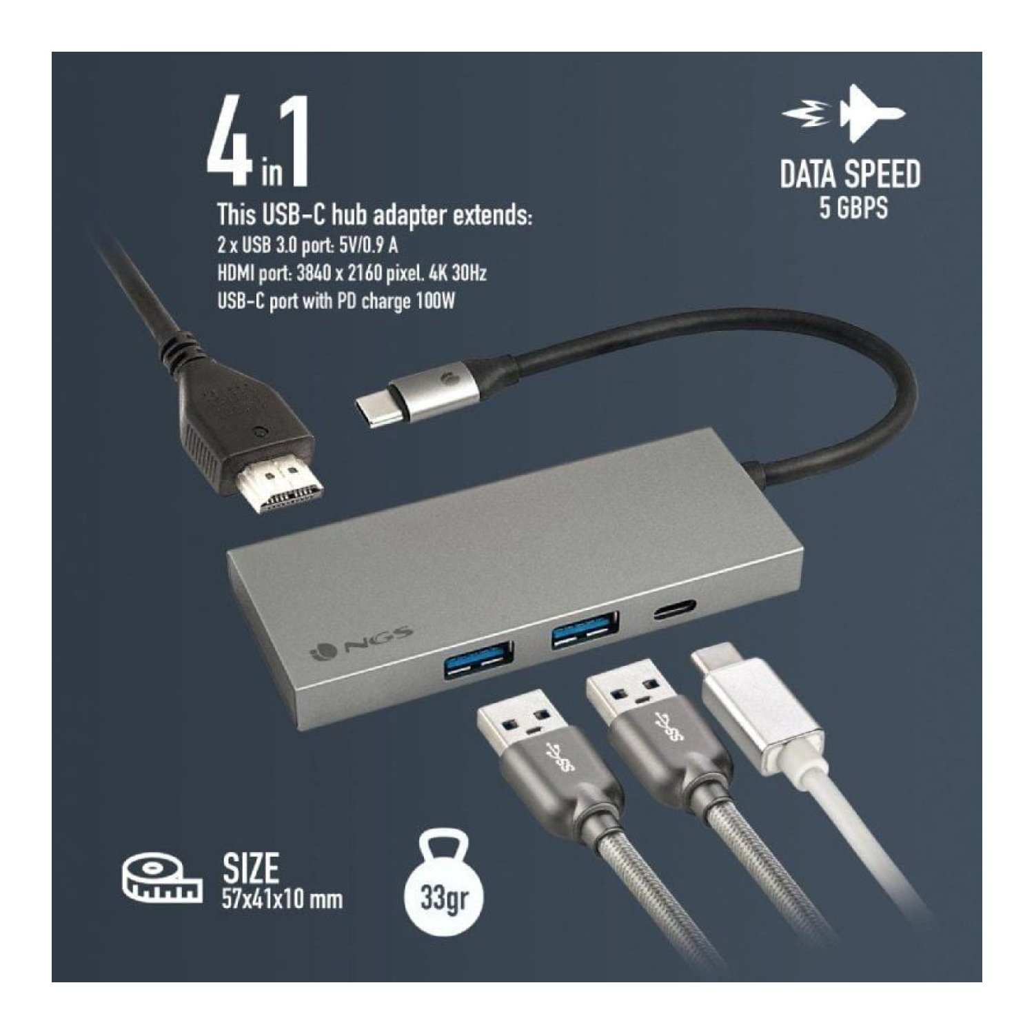 NGS WonderDock4 Pro · USB-C · 2xUSB · USB-C DP · HDMI 4K · Gris