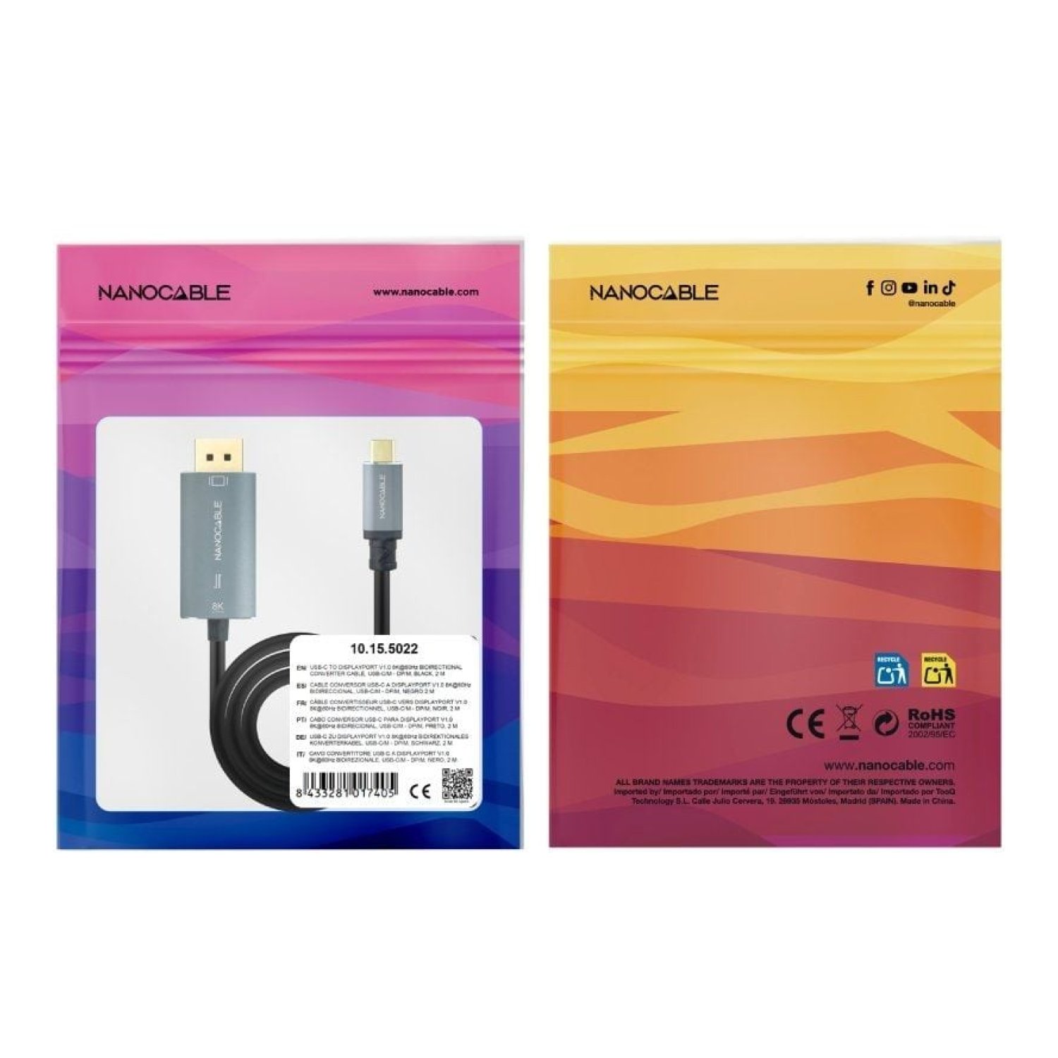 Nanocable · Conversor USB Tipo-C a DisplayPort · 2m · Negro