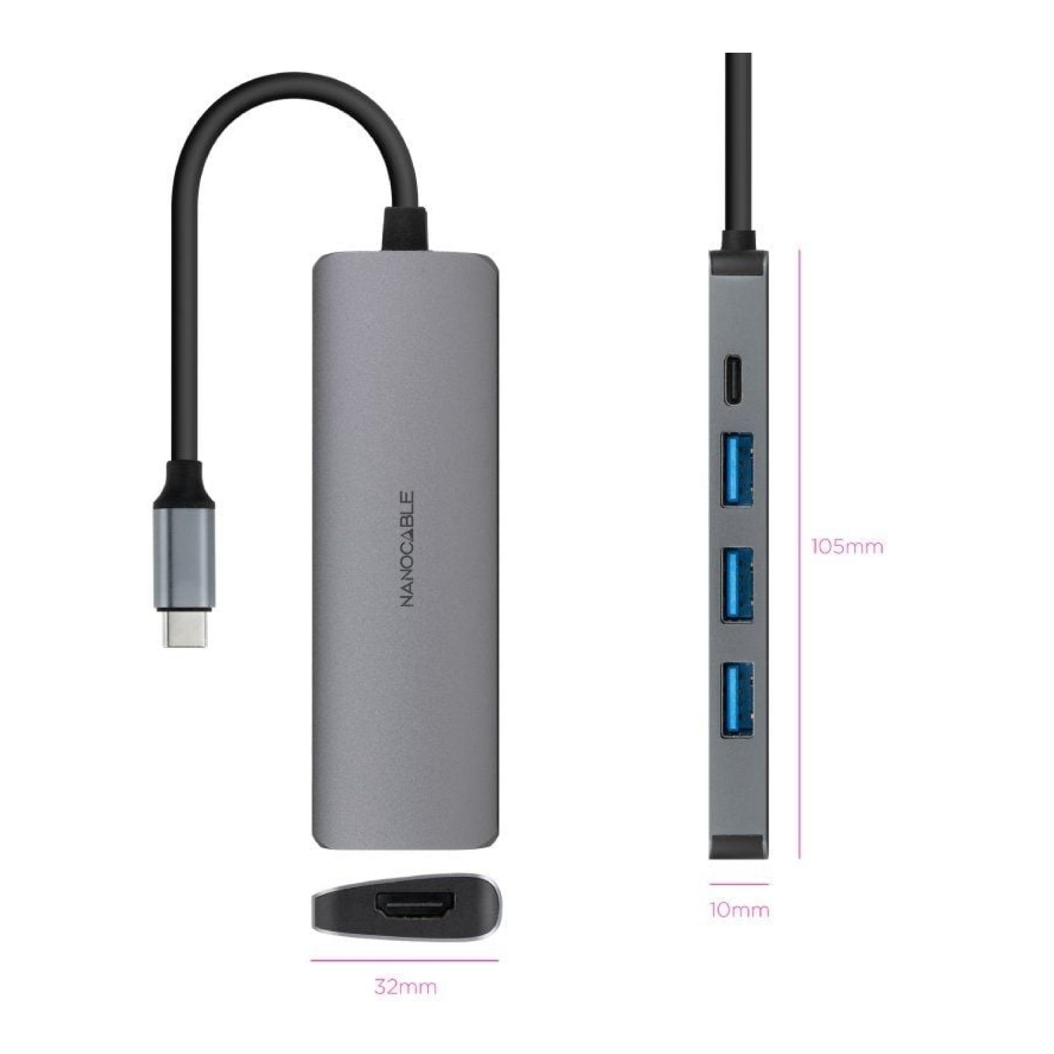 Nanocable Docking USB-C · 3xUSB · HDMI 4K · USB-C PD · Gris