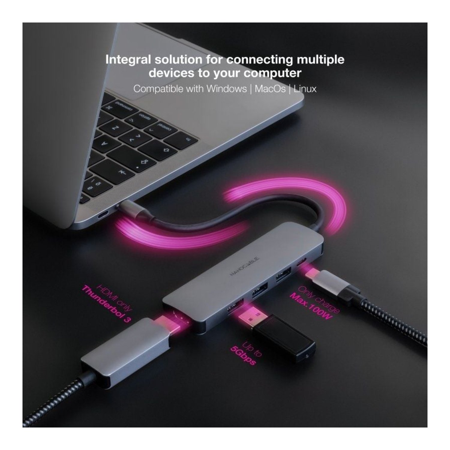 Nanocable Docking USB-C · 3xUSB · HDMI 4K · USB-C PD · Gris