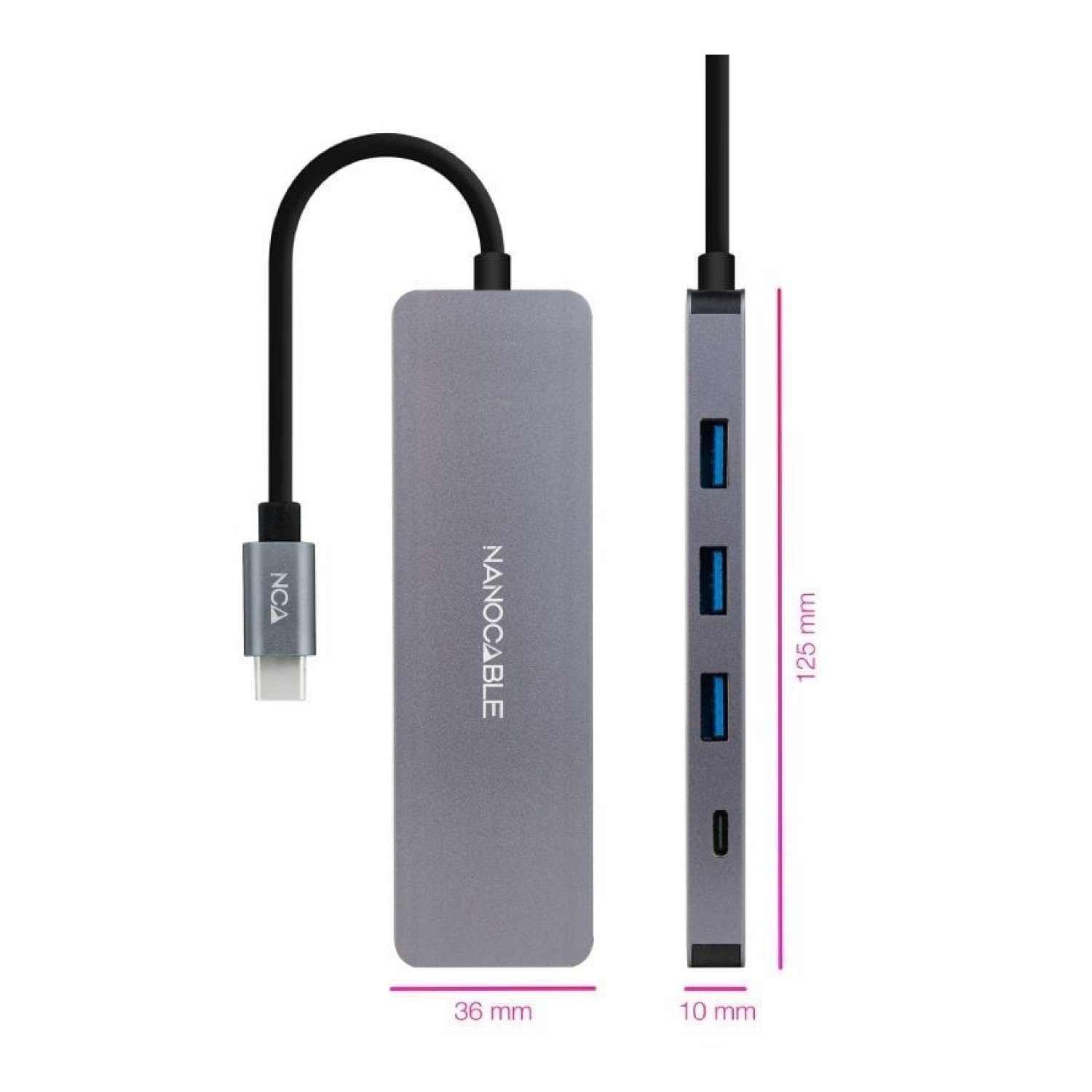 Nanocable Hub USB Tipo-C · 3x USB + 1x USB-C · Gris