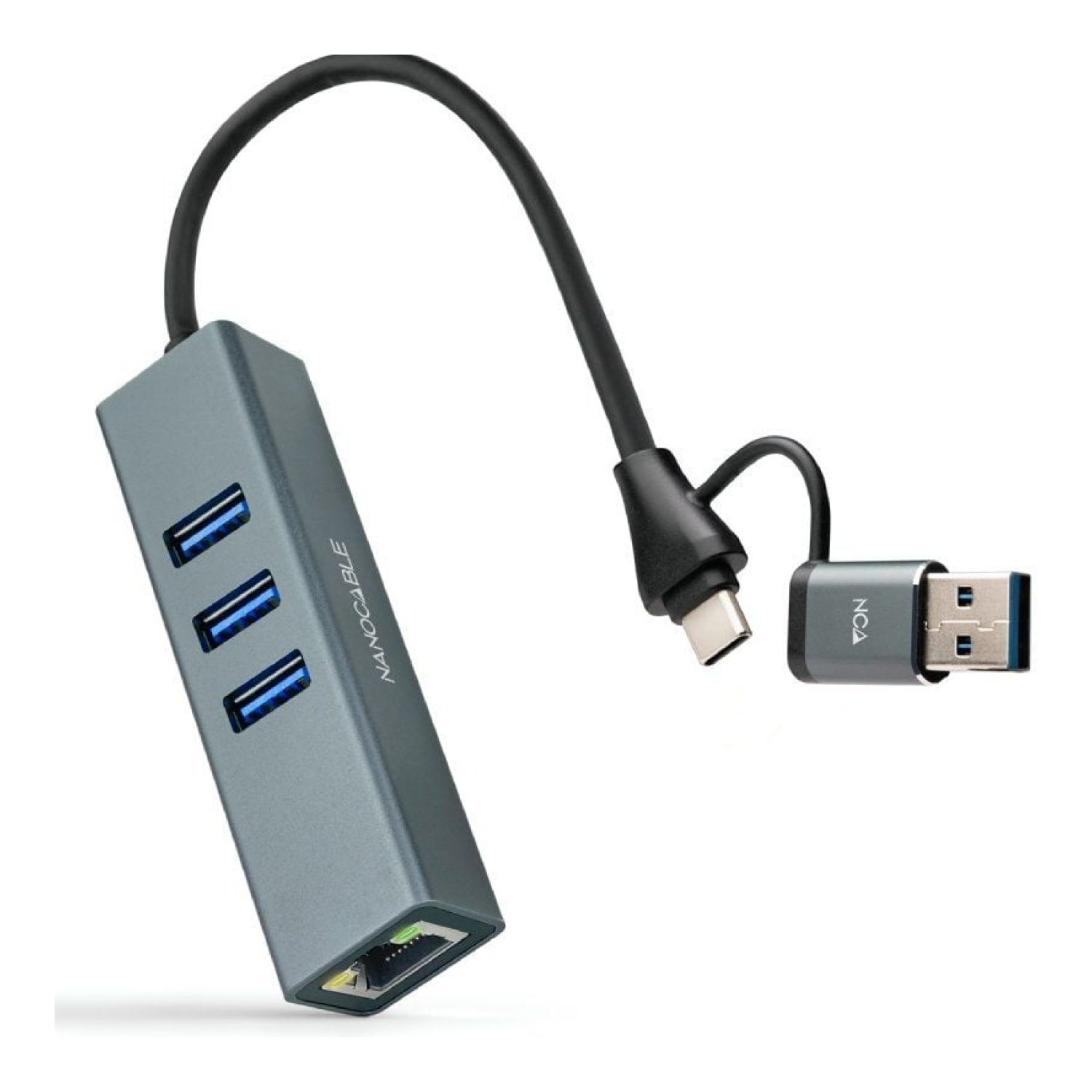 Nanocable Hub USB 3.0 · 3 Puertos USB · 1 RJ45 · Gris