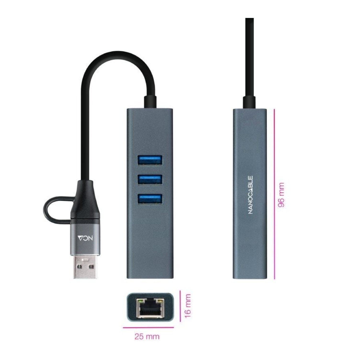 Nanocable Hub USB 3.0 · 3 Puertos USB · 1 RJ45 · Gris