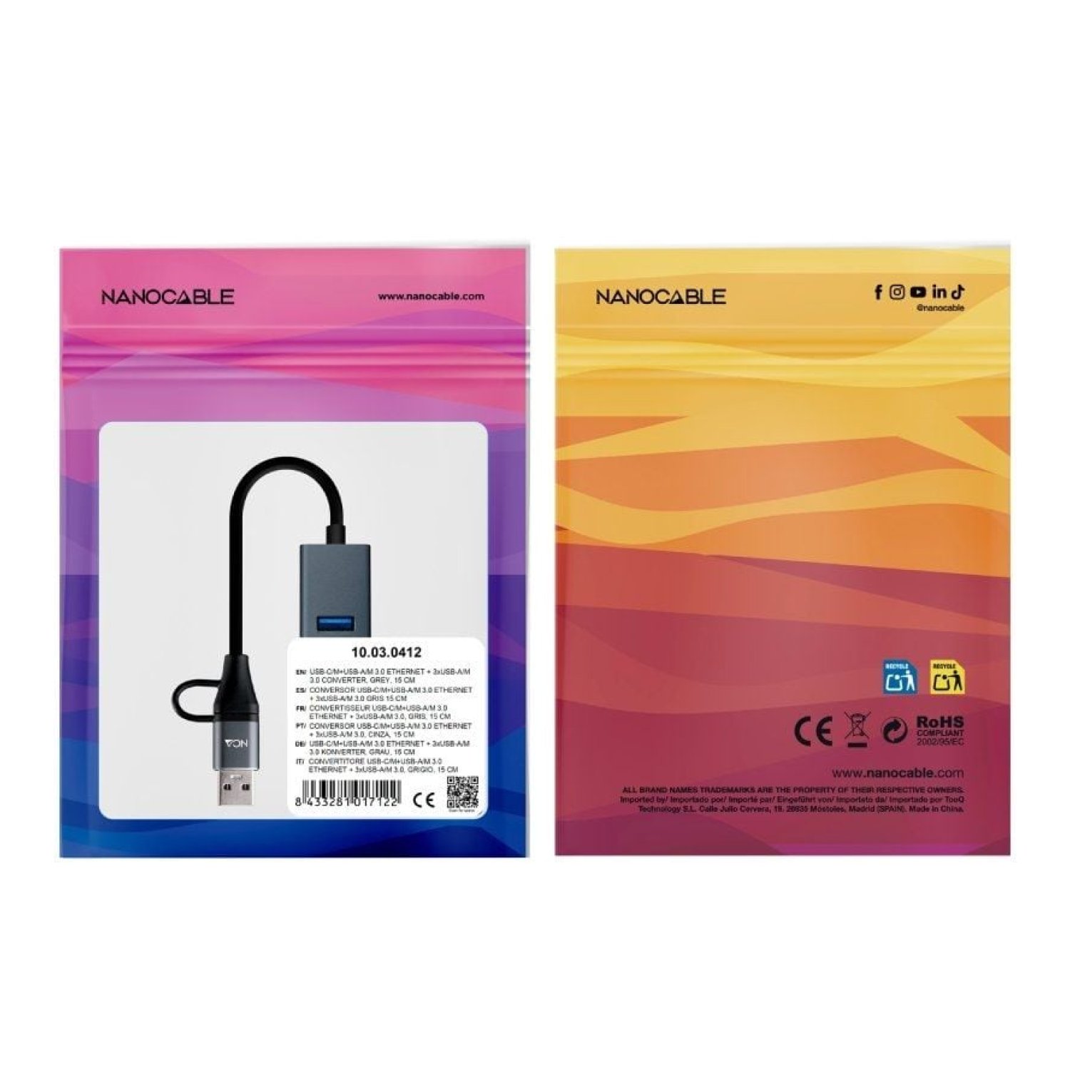 Nanocable Hub USB 3.0 · 3 Puertos USB · 1 RJ45 · Gris