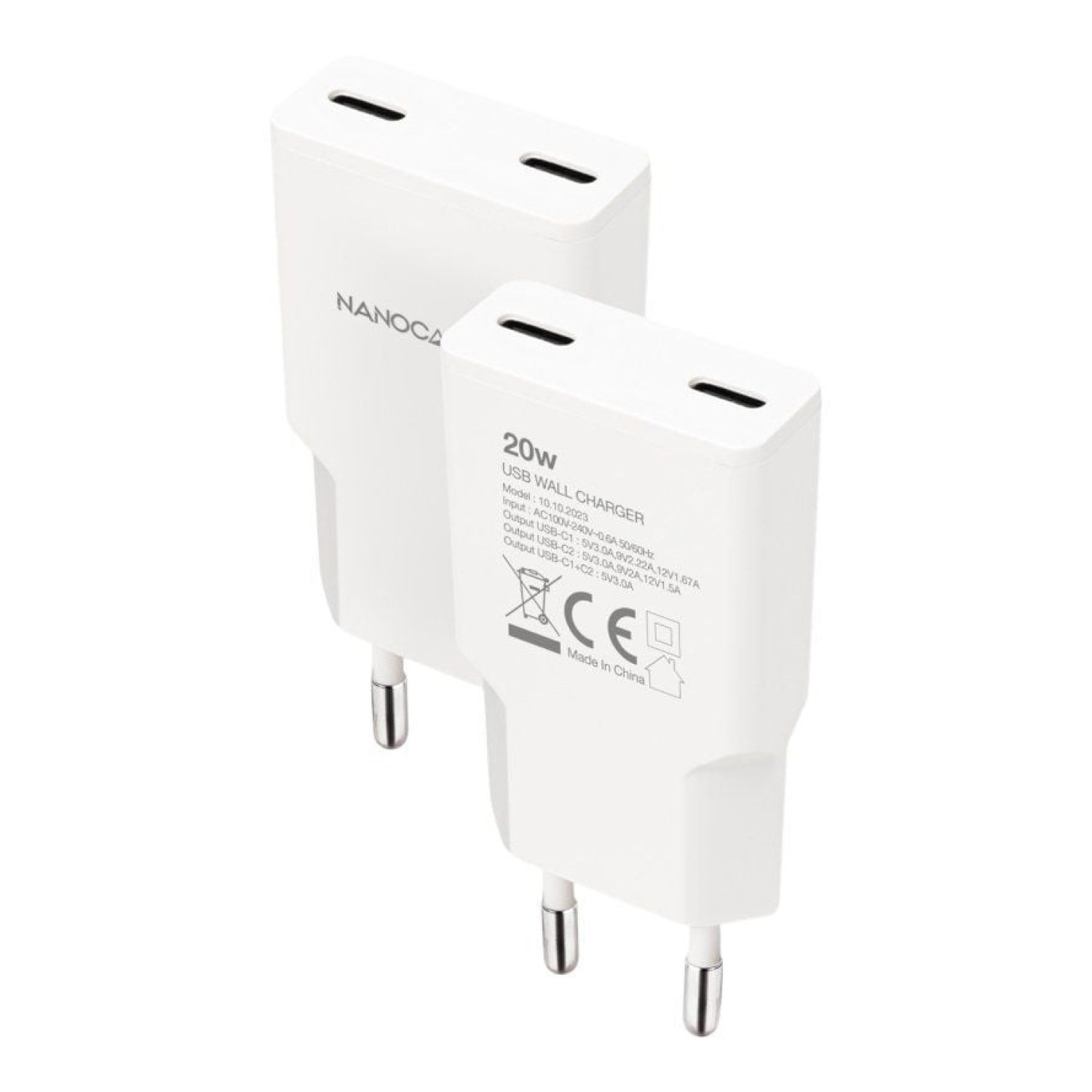 Nanocable Cargador de Pared · 2x USB Tipo-C · 20W · Blanco